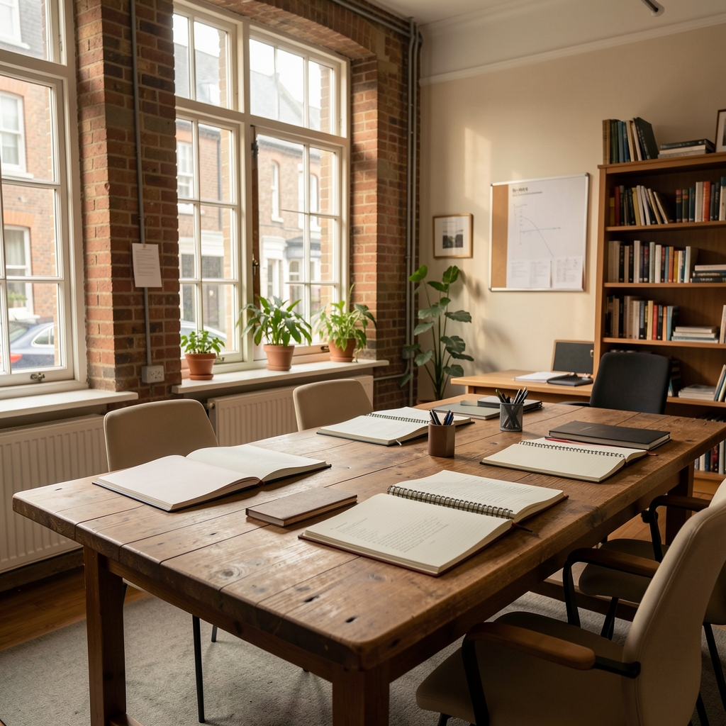Wide shot of the Orelavon Press editorial office in Clerkenwell, London — a quiet workspace with notebooks open on a wooden table and afternoon light through tall windows