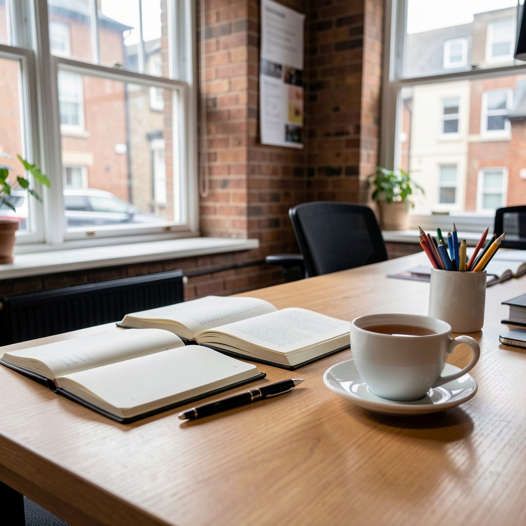 Eleanor Whitfield photographed at a writing desk with open notebooks and a cup of tea, natural window light, Clerkenwell editorial office