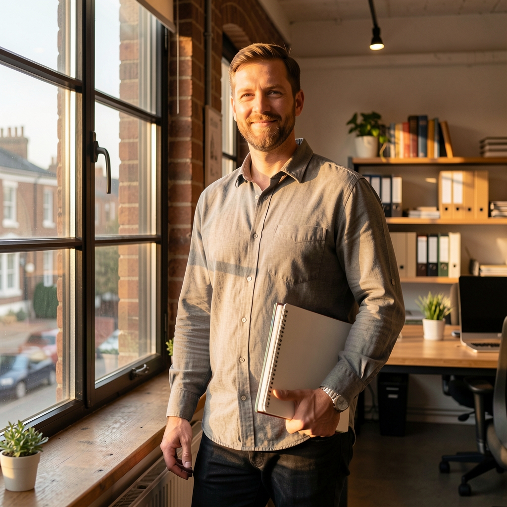 Tobias Marsden photographed standing near a window in a Clerkenwell workspace, warm directional light, relaxed pose with a notebook under one arm