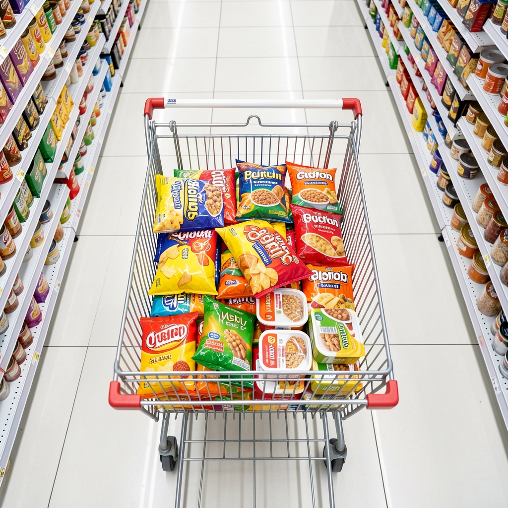 Overhead view of a supermarket trolley filled with brightly packaged processed snacks, crisps, and ready meals against a white fluorescent-lit aisle