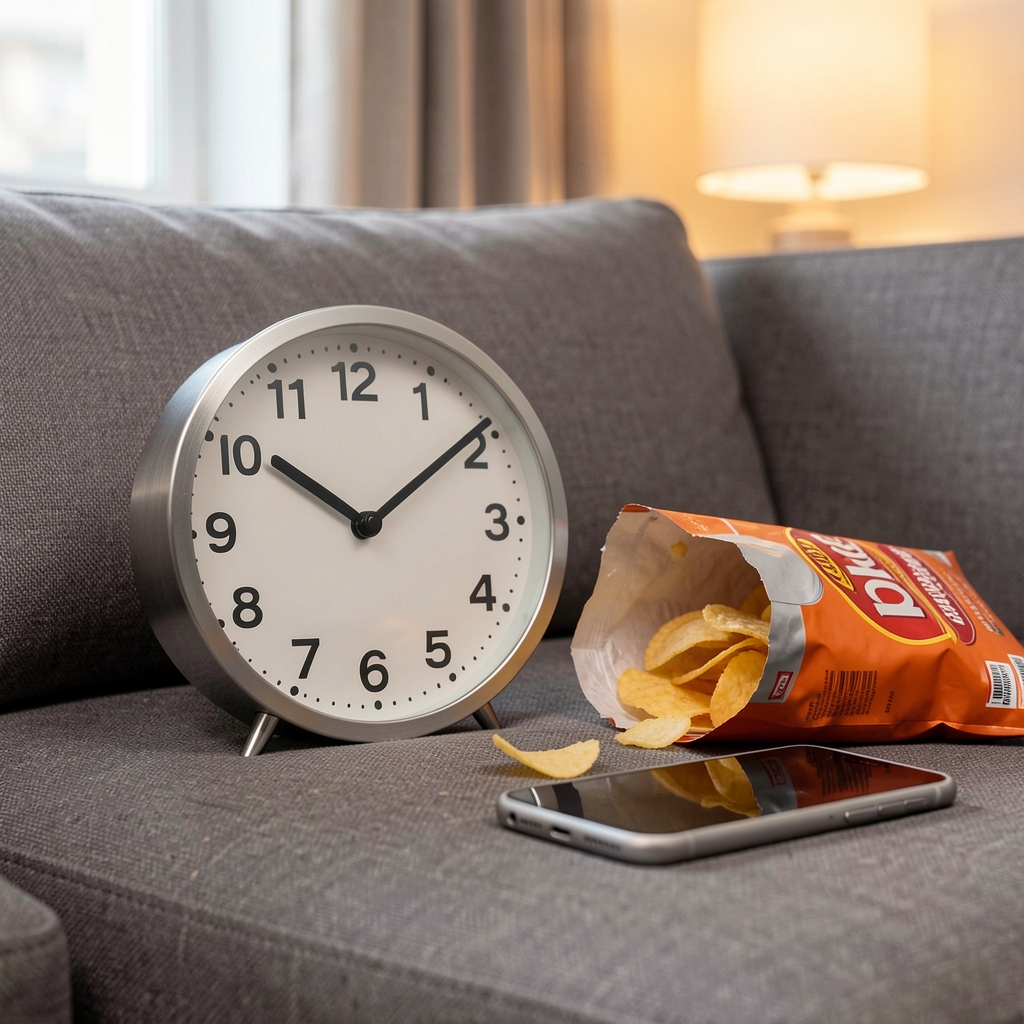 Close-up of a kitchen clock showing 11:30pm next to a half-eaten bag of crisps and a smartphone on a sofa cushion, low warm lighting
