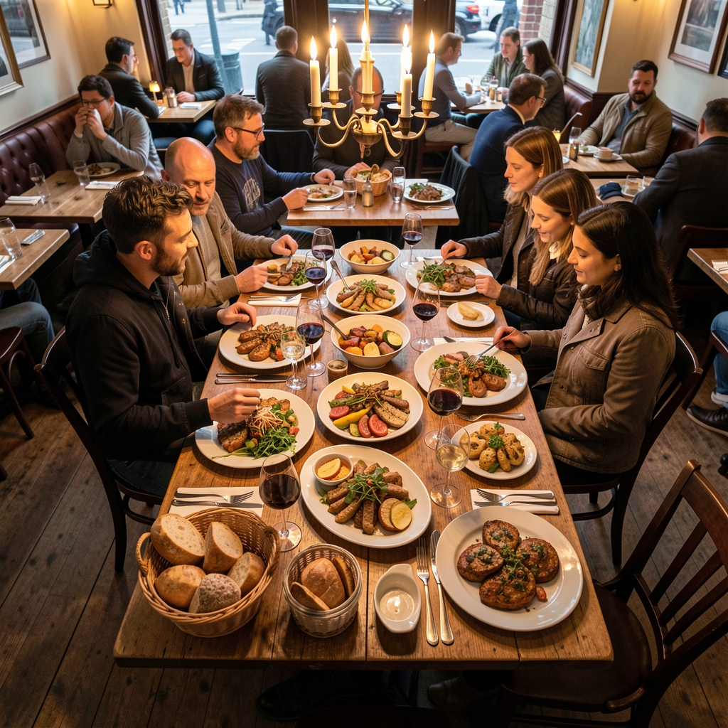 Aerial view of a restaurant table with several shared plates, breadbasket, and wine glasses, warm candlelight overhead in a busy London bistro