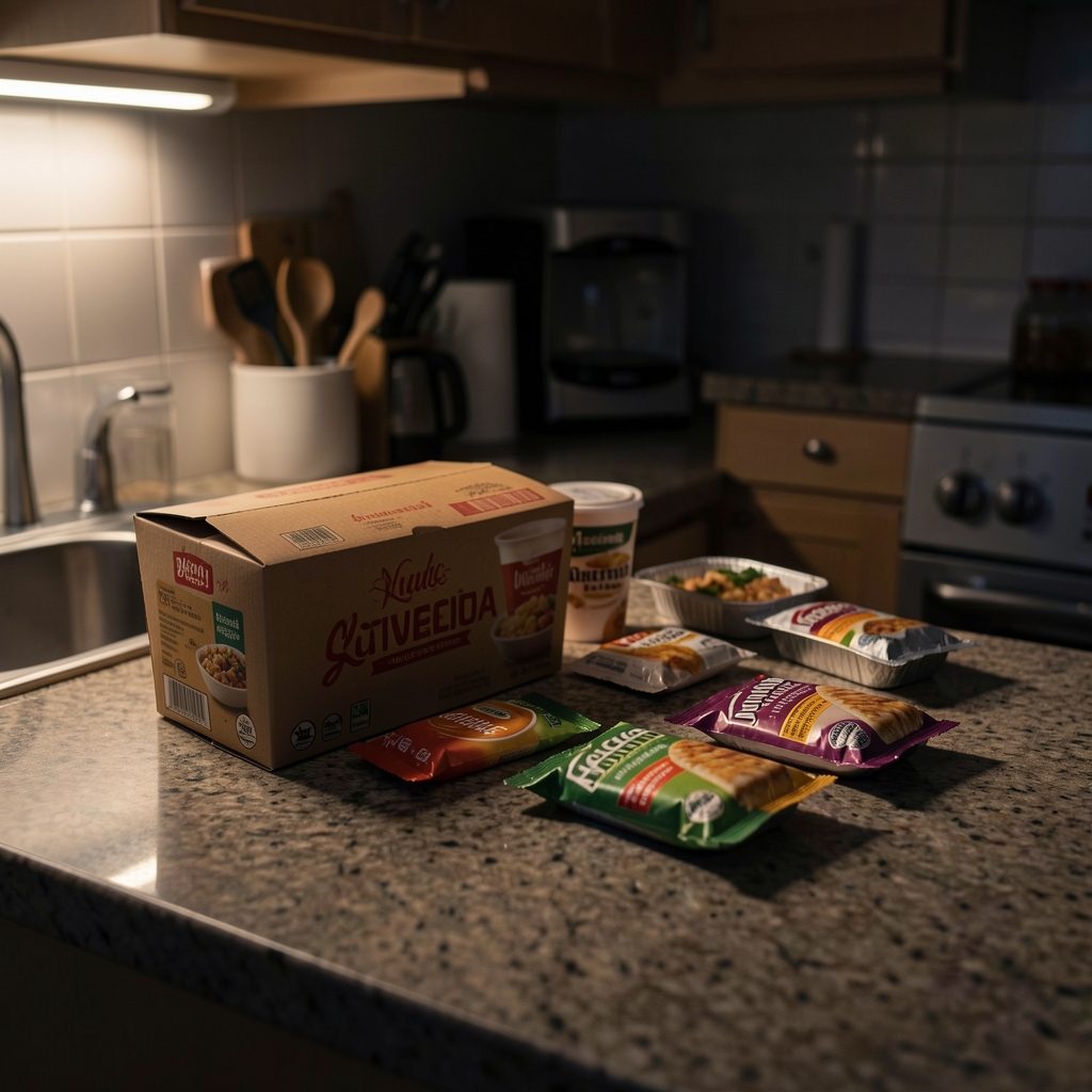 Dimly lit kitchen counter at night with takeaway packaging and scattered ready meal wrappers, representing late-night eating patterns